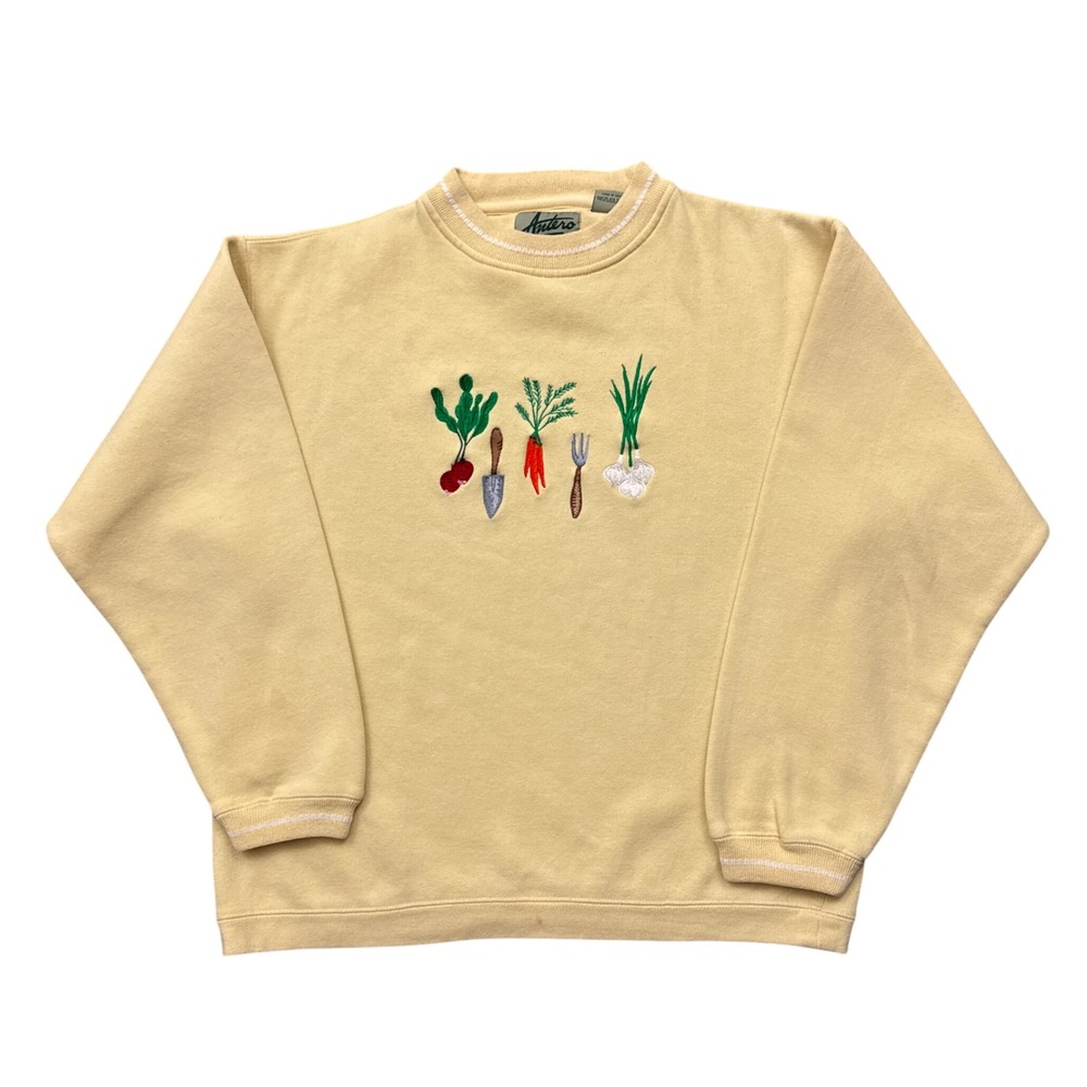 Vintage Embroidered Garden Vegetable Sweatshirt Pastel Yellow Grandma Cottage L